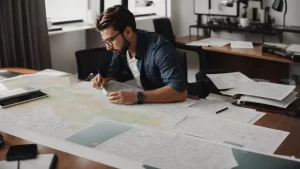 a real estate agent lays out a spread of condo floor plans and zone maps across a broad, tidy desk, deep in review.