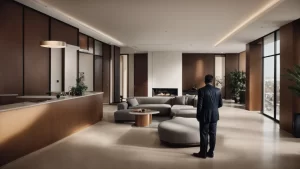a property manager stands in the lobby of a newly va-approved condo, holding a meeting with homeowners to discuss the benefits.