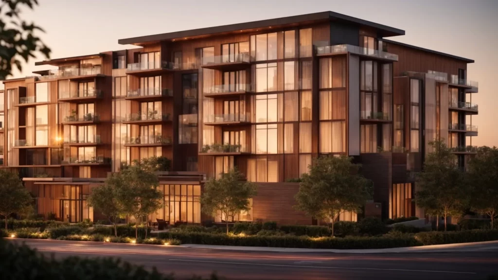a modern condominium complex basks in the golden hues of sunset, symbolizing renewal and updates.
