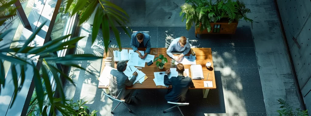 a group of people reviewing and organizing maintenance records in a modern office.