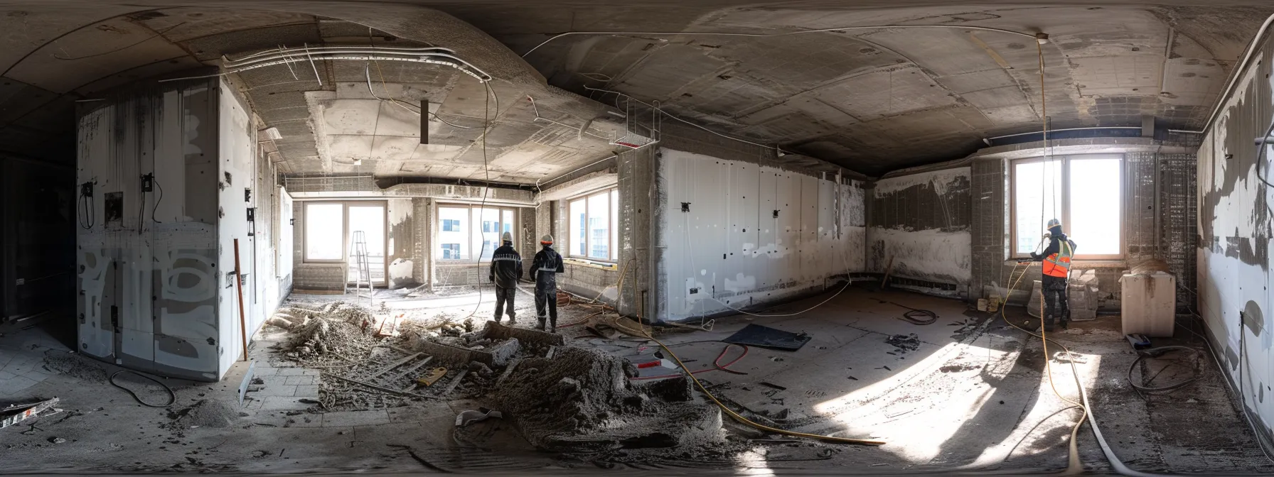 a team of workers inspecting and repairing a communal living space to address identified deficiencies and ensure safety and compliance.