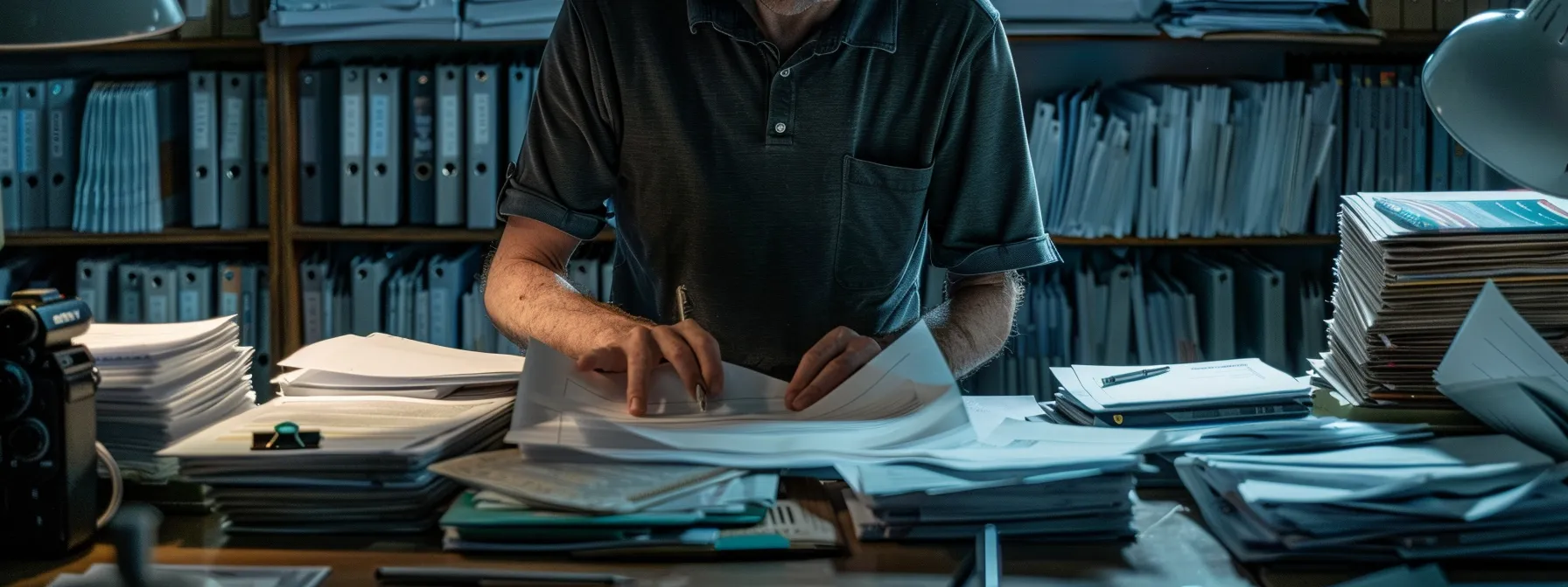a person organizing paperwork on a desk, surrounded by folders and documents.