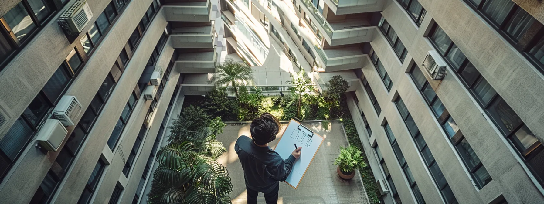 a person checking common areas of a condo building with a checklist in hand.