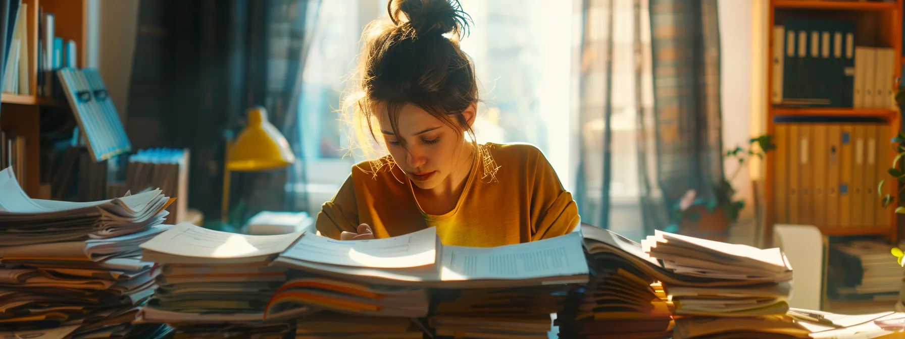 a person carefully organizing and preparing a stack of documents for recertification submission.