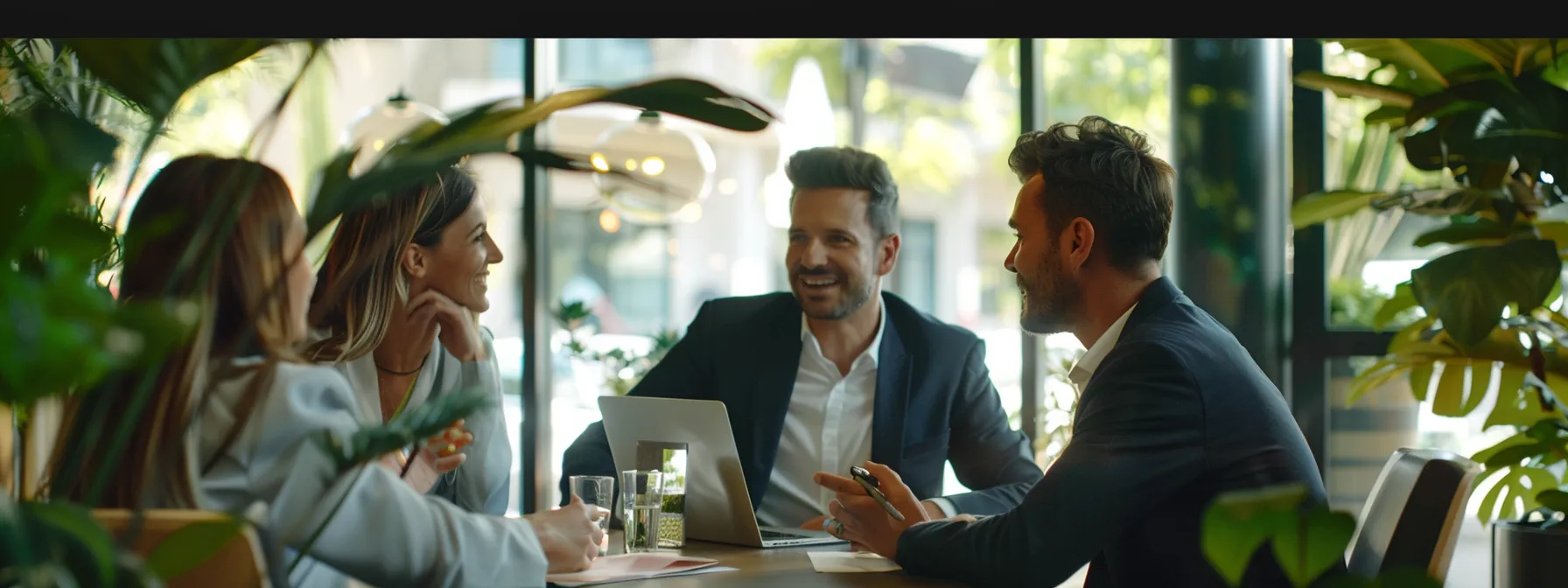 a group of people discussing financial implications in a real estate office.