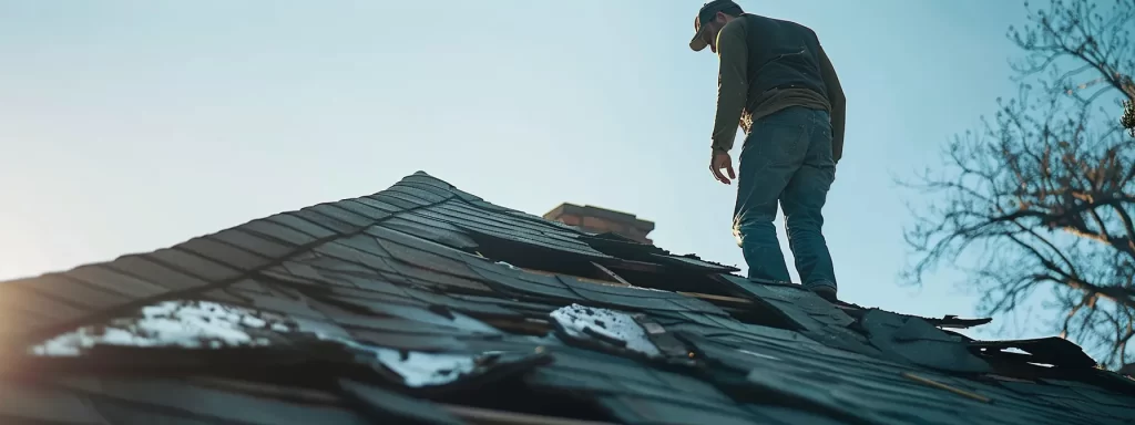a contractor inspecting a damaged roof on a house.