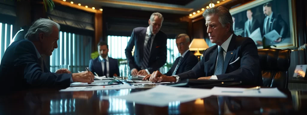 a group of condo board members reviewing insurance documents in a boardroom.