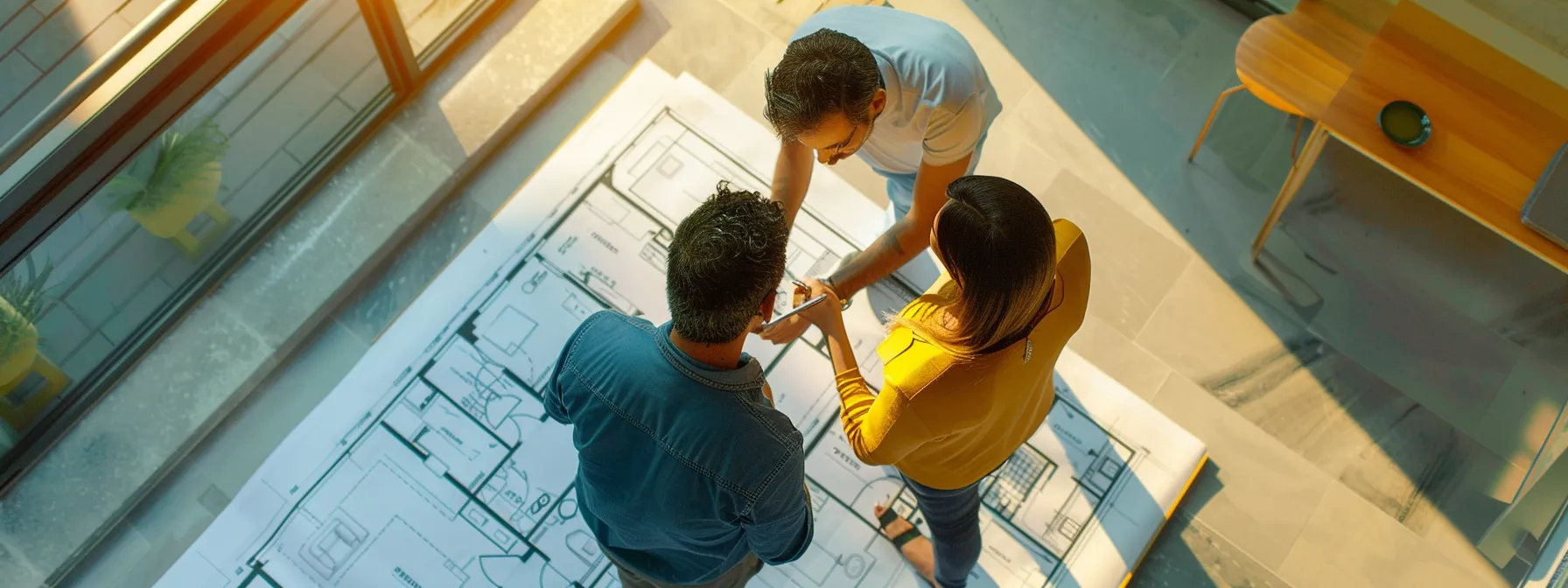 a group of people discussing solutions while looking at a blueprint of a condo project.