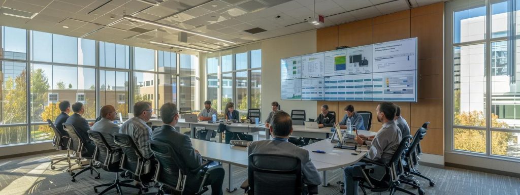 a modern, sleek office space features a large conference table surrounded by professionals engaged in a strategic discussion, with detailed architectural plans and budget spreadsheets displayed on digital screens, conveying a dynamic approach to crafting a condo association budget plan.