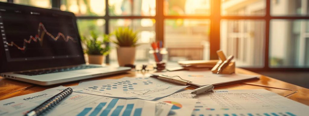 a professional office workspace captures a polished wooden desk neatly arranged with essential fha loan documentation forms, a sleek laptop open to a financial planning software, and a warm overhead light illuminating the workspace, reflecting a sense of organized efficiency.