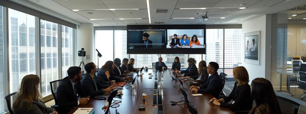 a sleek office setting featuring a diverse group of professionals engaged in an animated discussion around a large conference table, with a digital presentation displayed on a screen highlighting the intricate fannie mae eligibility requirements.