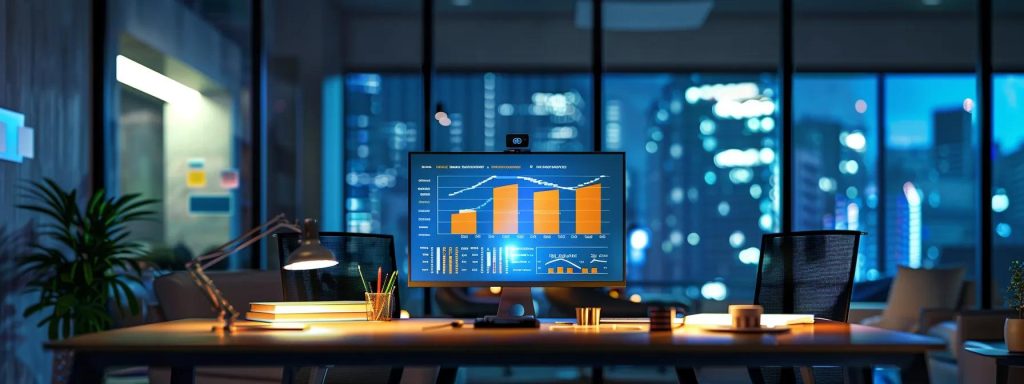 a sleek office setup features a prominent digital display showing a vibrant comparison chart between apr and interest rates, illuminated by focused task lighting, creating an engaging and informative atmosphere.