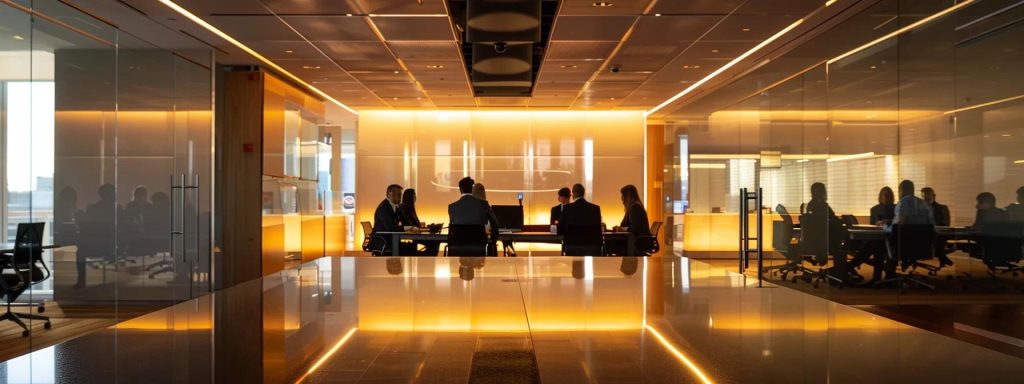 a modern office space with a sleek conference table, surrounded by professionals engaged in a focused discussion about eligibility criteria for fannie mae condos, illuminated by bright overhead lights casting a warm ambiance.