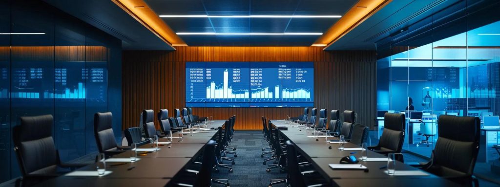a sleek, modern office environment showcases a well-organized conference table with digital screens displaying fannie mae condo llpa guidelines, illuminated by bright overhead lights that emphasize the clarity and significance of the data presented.