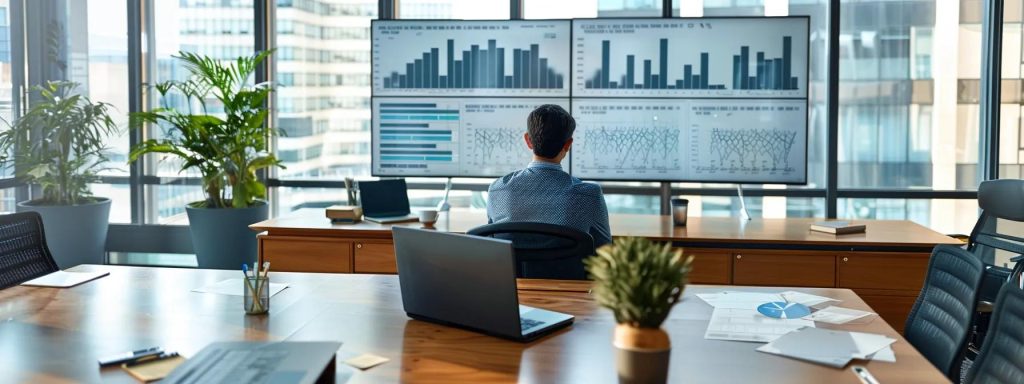 a sleek, modern office space features a professional sitting at a polished conference table, reviewing financial documents on a laptop, with charts and graphs about fannie mae condo fees displayed prominently on a large screen in the background.