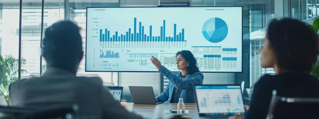 a sleek, modern office environment features a confident financial analyst presenting a detailed graph on a large screen, highlighting the implications of credit scores on fannie mae's llpa for condos, surrounded by engaged colleagues examining digital data on tablets.